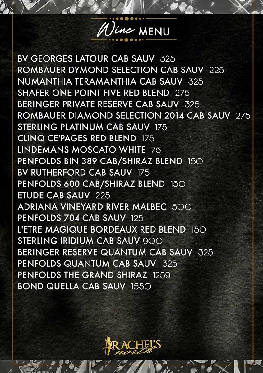 Rachel's North wine list with cabernet, red blends and moscato prices, Casselberry Florida