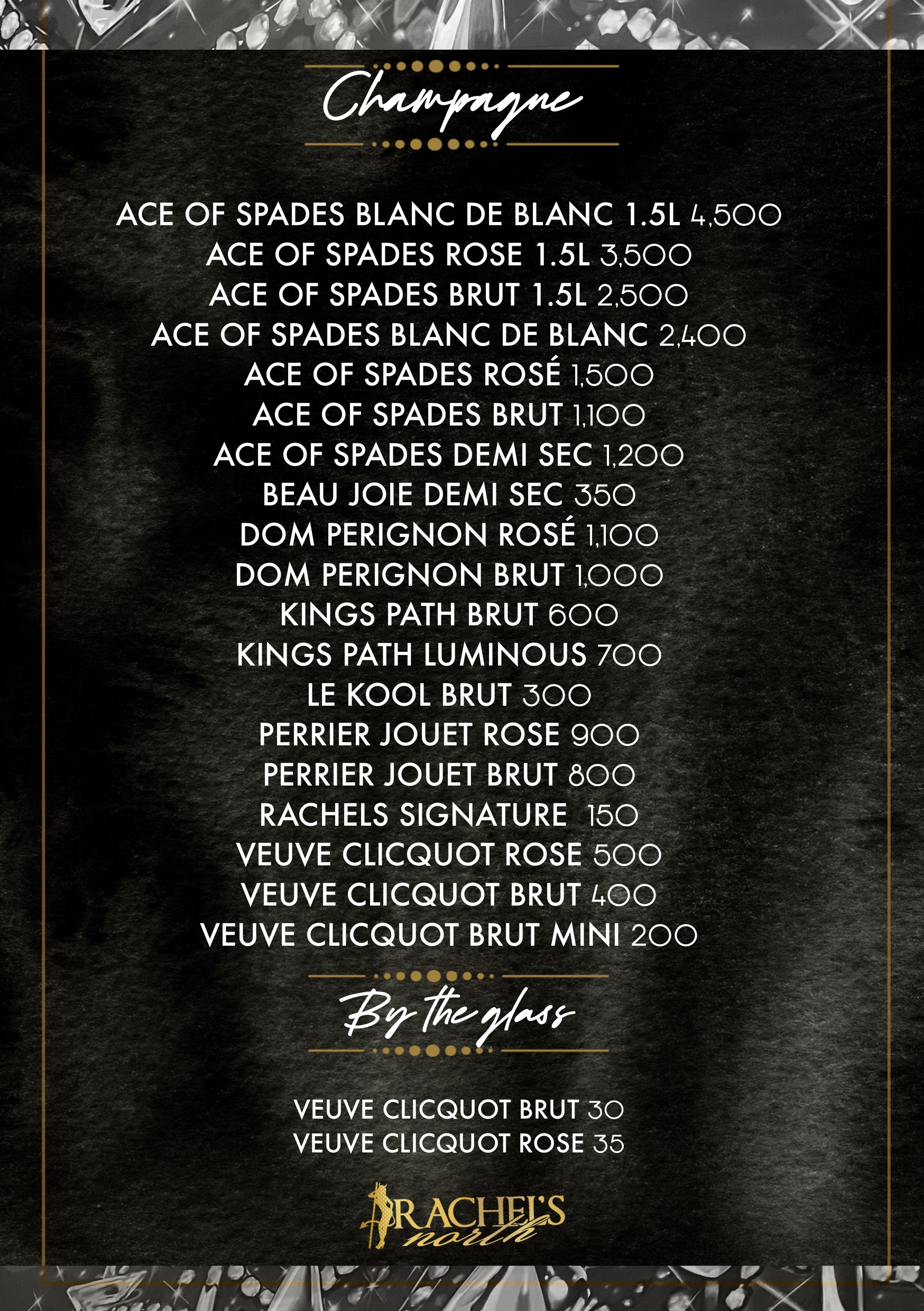 Rachel's North champagne and sparkling bottle list with prices, Casselberry Florida