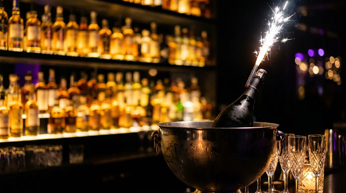 Champagne on ice with a lit sparkler in front of the backbar at Rachel&rsquo;s North in Casselberry, Florida