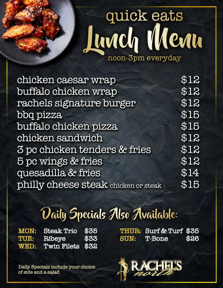 The Quick Eats lunch menu at Rachel's North in Casselberry, Florida, served noon to 3 PM every day